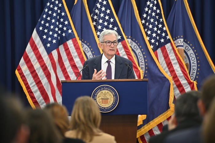 Jerome Powell speaking at FOMC meeting.