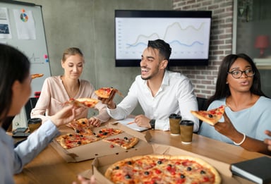 Employees Eat Pizza Conference Room Business Getty