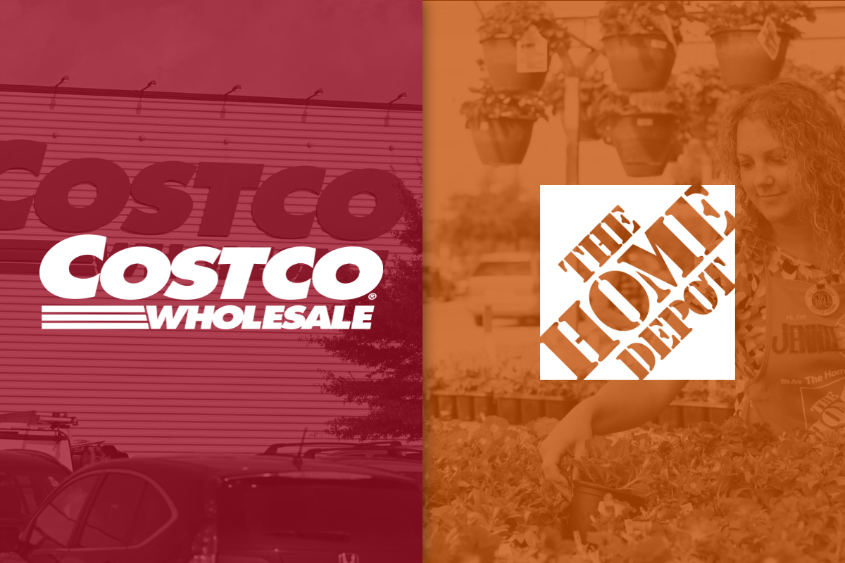 Costco Wholesale logo with red filter on left and Home Depot with orange filter on right_The Motley Fool