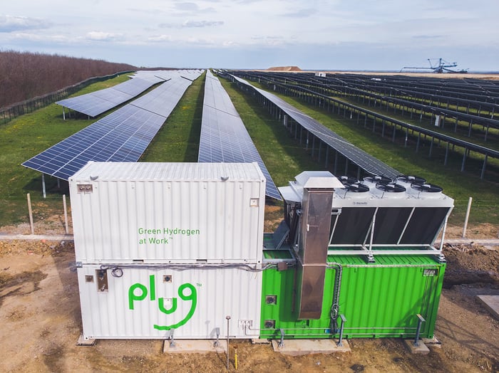 Image shows Plug Power's electrolyzer system with solar panels in the background.