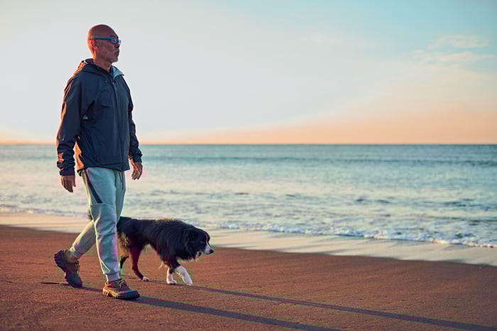 Person walking on a beach with a dog.