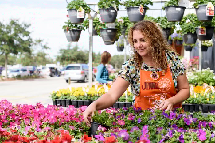 Employee working in Home Depot garden section outside.