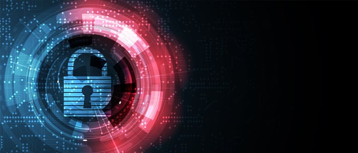 A digital circle surrounds a digital lock. 