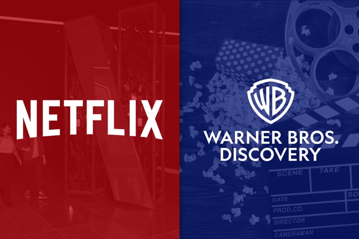 Netflix and Warner Bros. Discovery logos on a background split in red and blue.