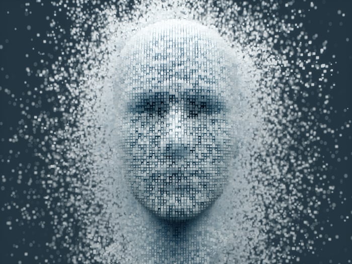 An AI humanoid emerging from pixels.