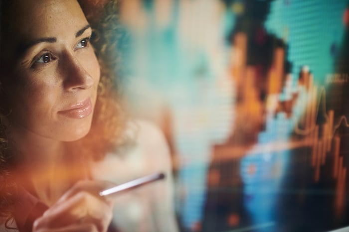 An investor checks a stock chart on a screen.