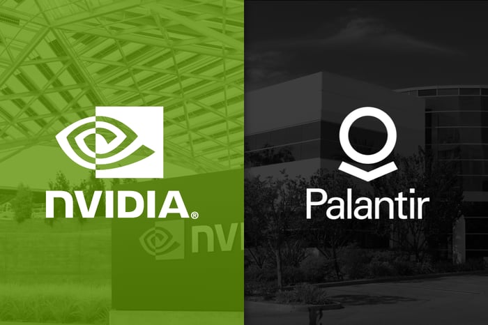 Nvidia's logo superimposed over a picture of its headquarters and the Palantir logo superimposed over its headquarters building. 