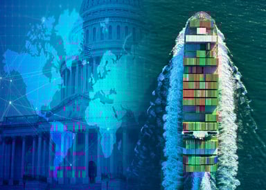 A composite image features an aerial view of a colorful container ship on the ocean alongside a blue-toned overlay of the U.S. Capitol Building and a digital world map.
