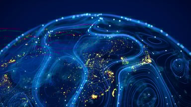 Rings and dots of light on a globe illustrate the increasing importance of artificial intelligence (AI) cloud computing infrastructure.