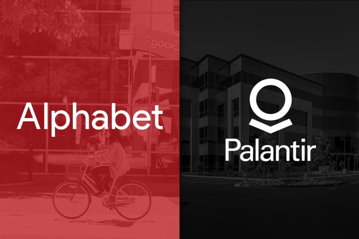 The Alphabet logo next to the Palantir logo.