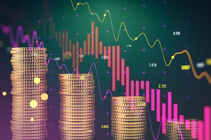 Stacks of crypto coins surrounded by charts and numbers.