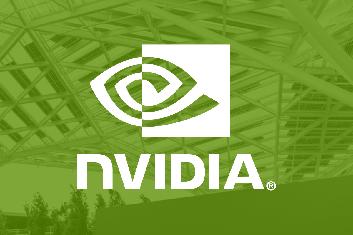 The Nvidia logo superimposed over a picture of the company's headquarters building