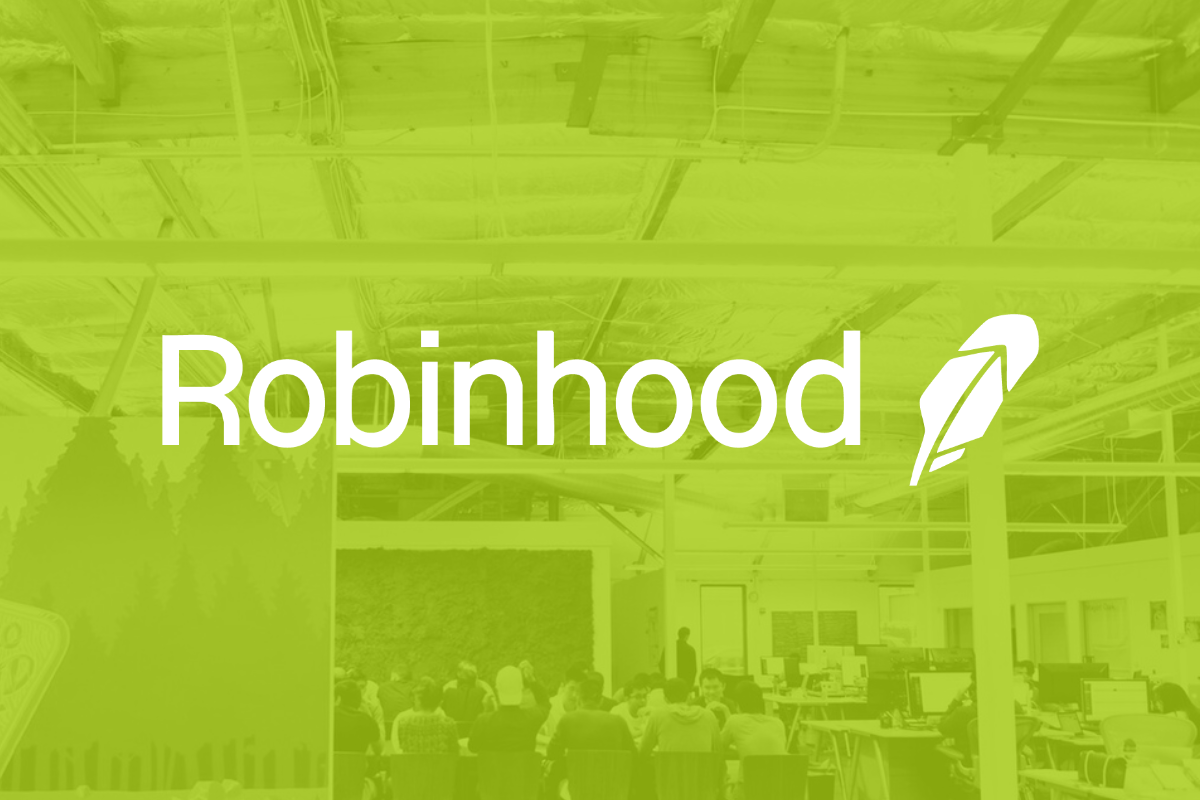Robinhood logo overlayed on a translucent green background featuring an office setting