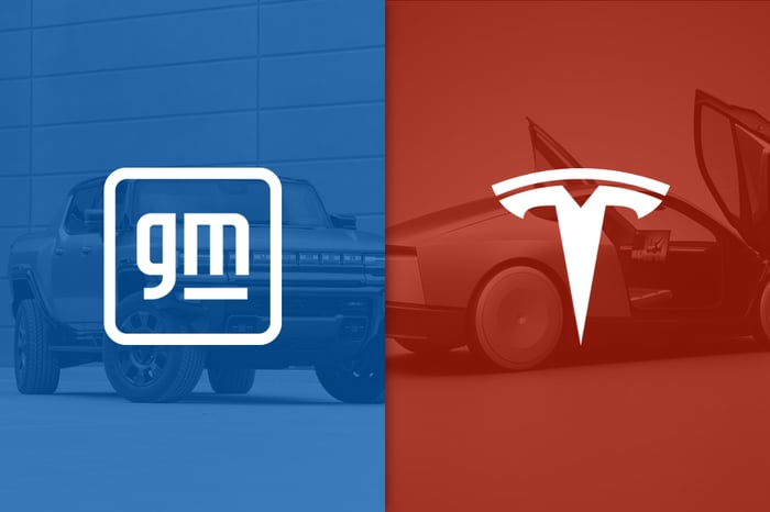 GM and Tesla logos side by side. 