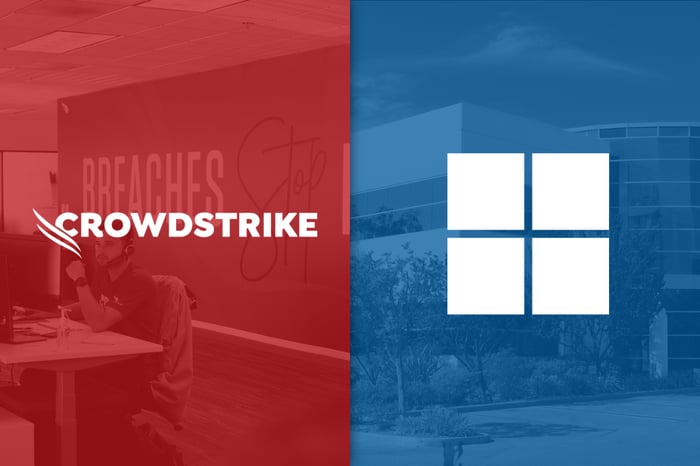 CrowdStrike and Microsoft's logo overlaid on shadowy background.
