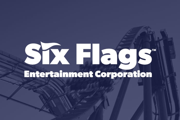 The Six Flags logo sits against a blue-shaded backdrop of a rollercoaster.