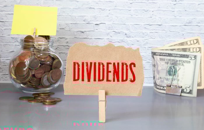 Sign reading "Dividends" surrounded by money.