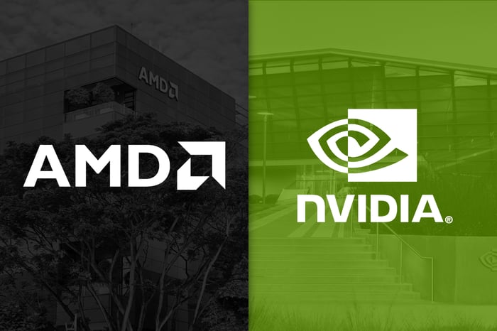 The AMD logo on a shadowy black background and the Nvidia logo on a shadowy green background.