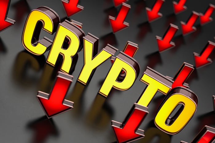 The word "crypto" and red arrows going down.