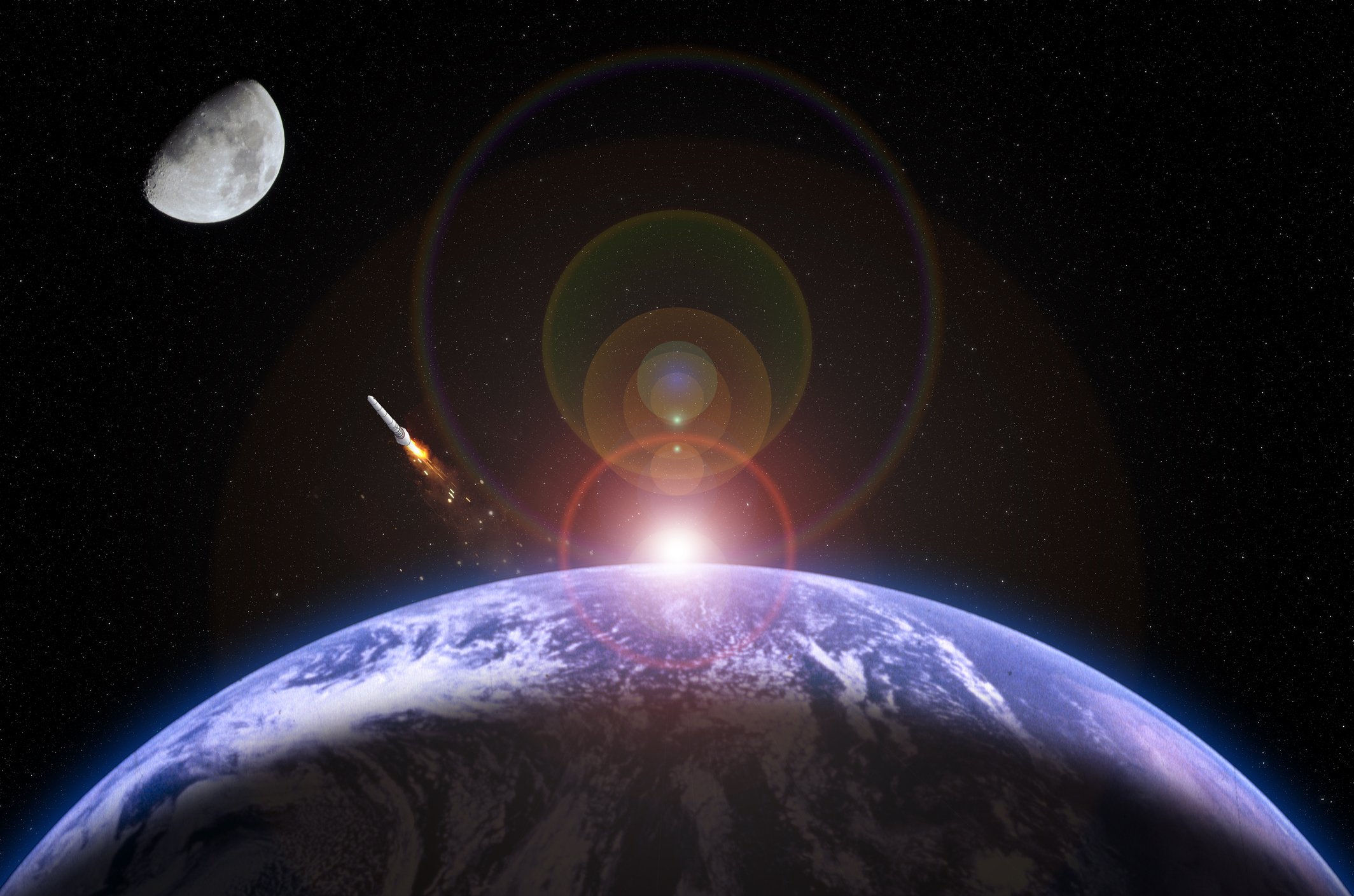 Not to scale image of a rocket traveling from Earth to the Moon during earth Sunrise.