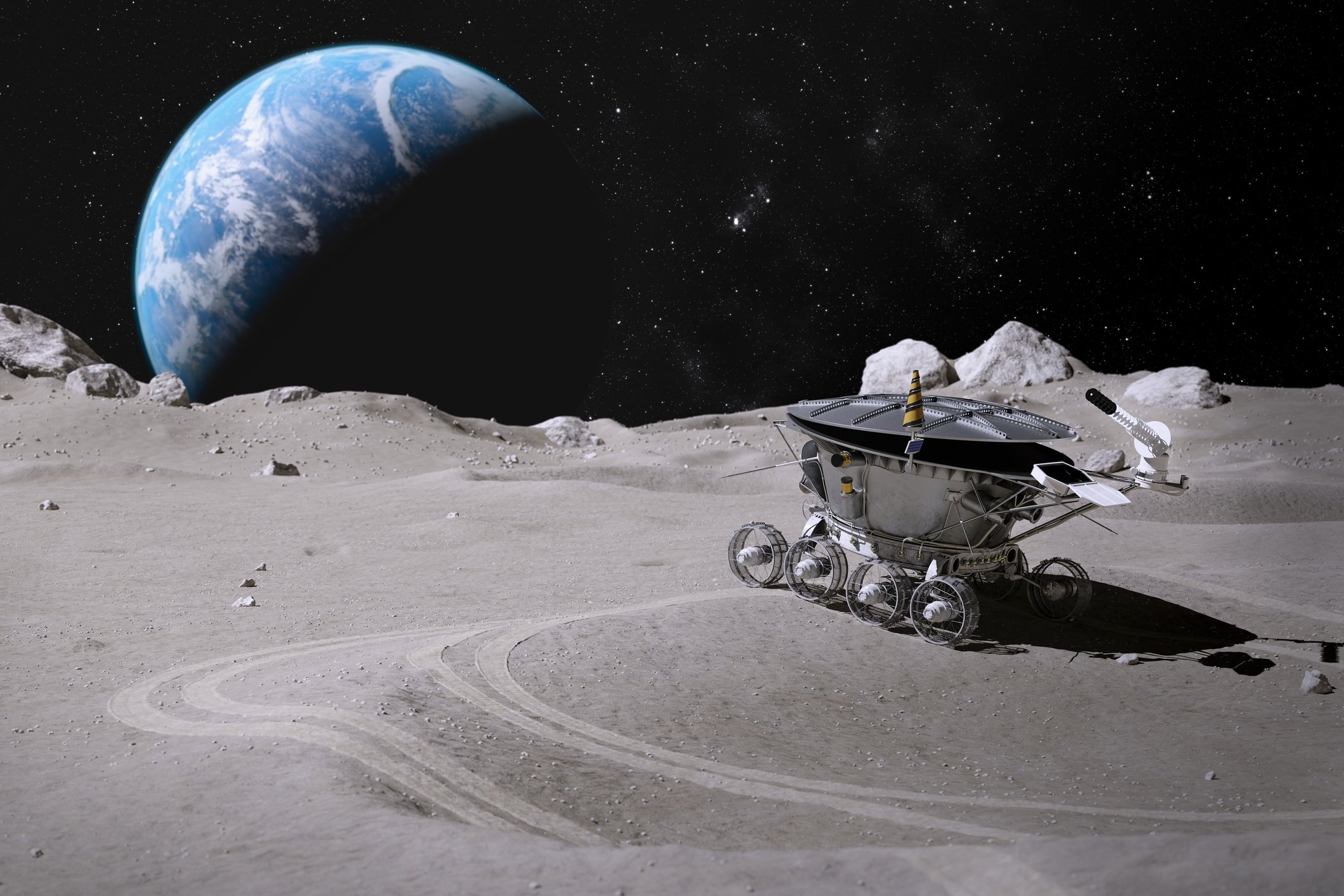 Rover driving around the moon with the Earth in the background.