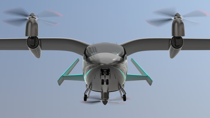 An eVTOL aircraft in flight.