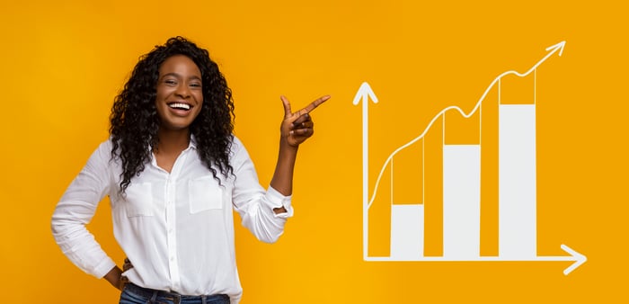 A woman stands in front of a yellow background smiling and pointing to a bar chart showing improvement over time