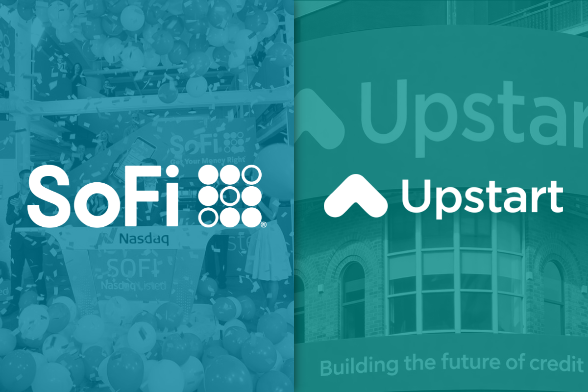 SoFi logo on left with IPO celebration in background and Upstart logo on right with office in background_ The Motley Fool