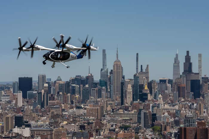 Joby Aviation's aircraft flying above New York City. 