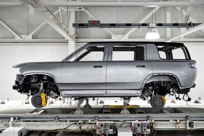 A vehicle body on an assembly line.