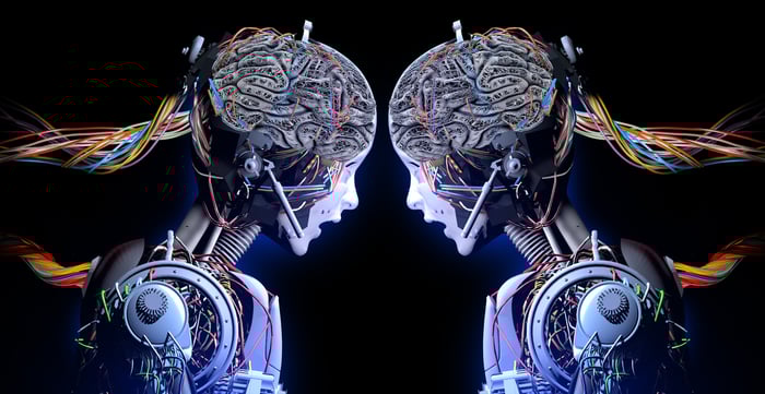 Two robots facing each other.