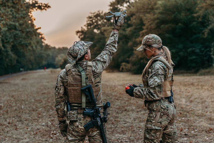 Two soldiers operating a drone.
