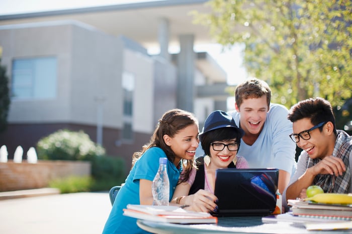 Four college students outside using a laptop.
