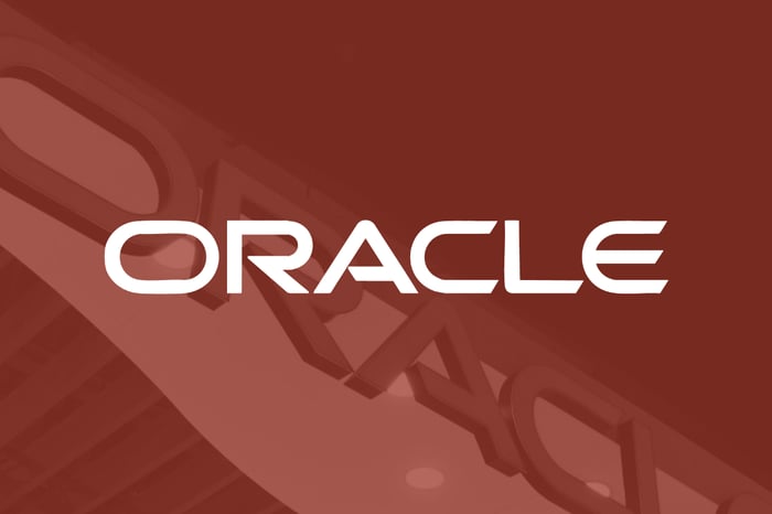 The Oracle logo on a red, translucent background.