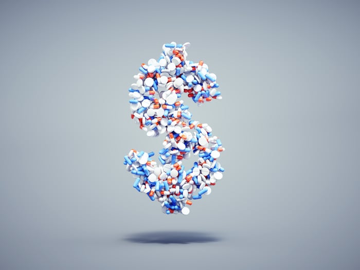 A dollar sign composed of several different colors of pills and capsules.