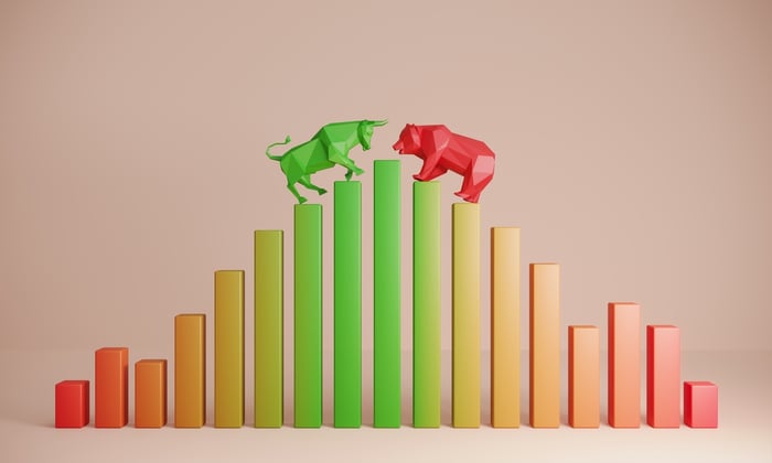 A green bull and a red bear climb bars on a bar chart to face each other.