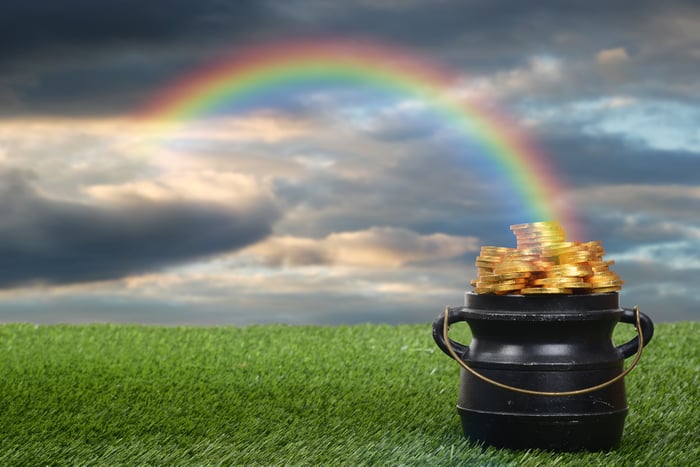 A pot of gold at the end of a rainbow.