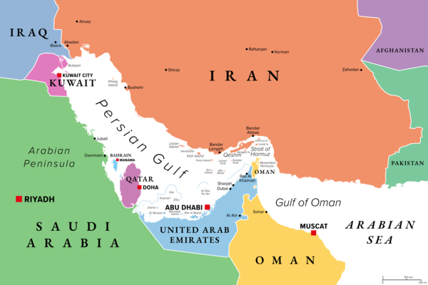 A map showing Iran, Saudia Arabia, the Strait of Hormuz, the Persian Gulf, and the surrounding area.
