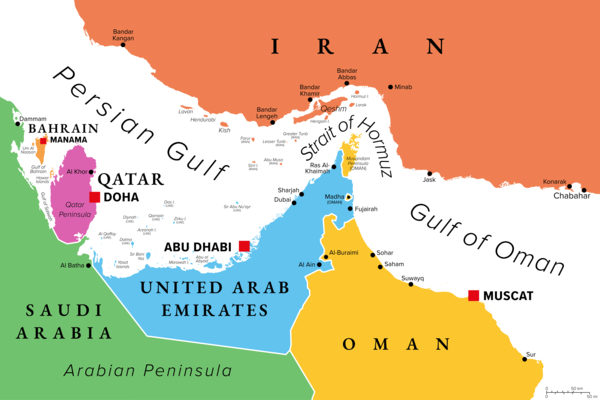 A map of the Persian Gulf including Iran, Qatar, and the Strait of Hormuz.