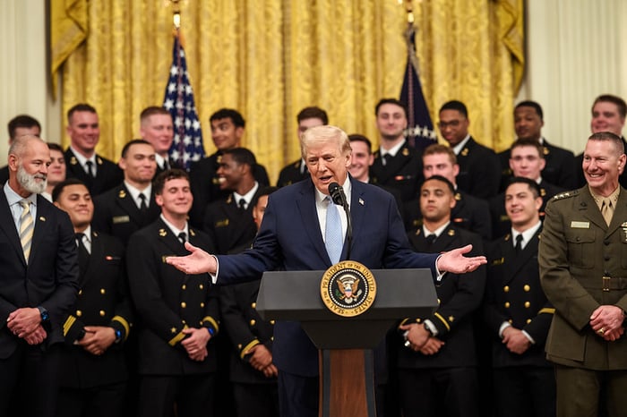 President Donald J. Trump delivers remarks at a Commander in Chief Trophy presentation for the U.S. Naval Academy’s Navy Midshipmen football team, Friday, March 20, 2026, in the East Room of the White House.