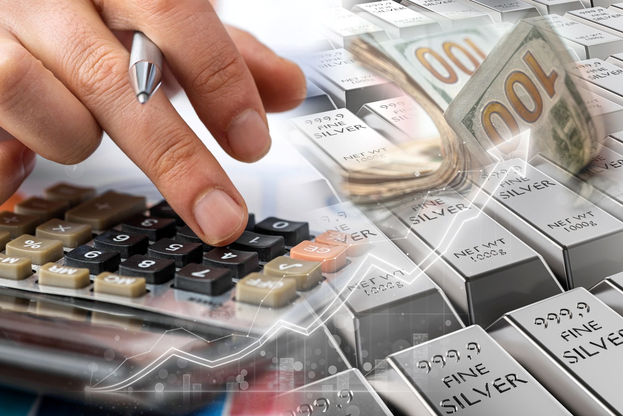 A conceptual composite image showing a hand using a calculator overlaid with stacks of silver bars, U.S. dollar bills, and a rising white trend line.