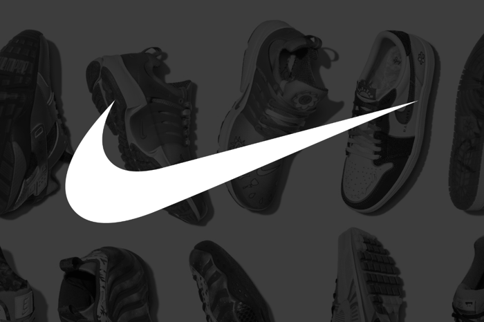The Nike logo superimposed over a collection of shoes.