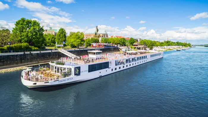 A Viking Cruise ship is docked on a river 