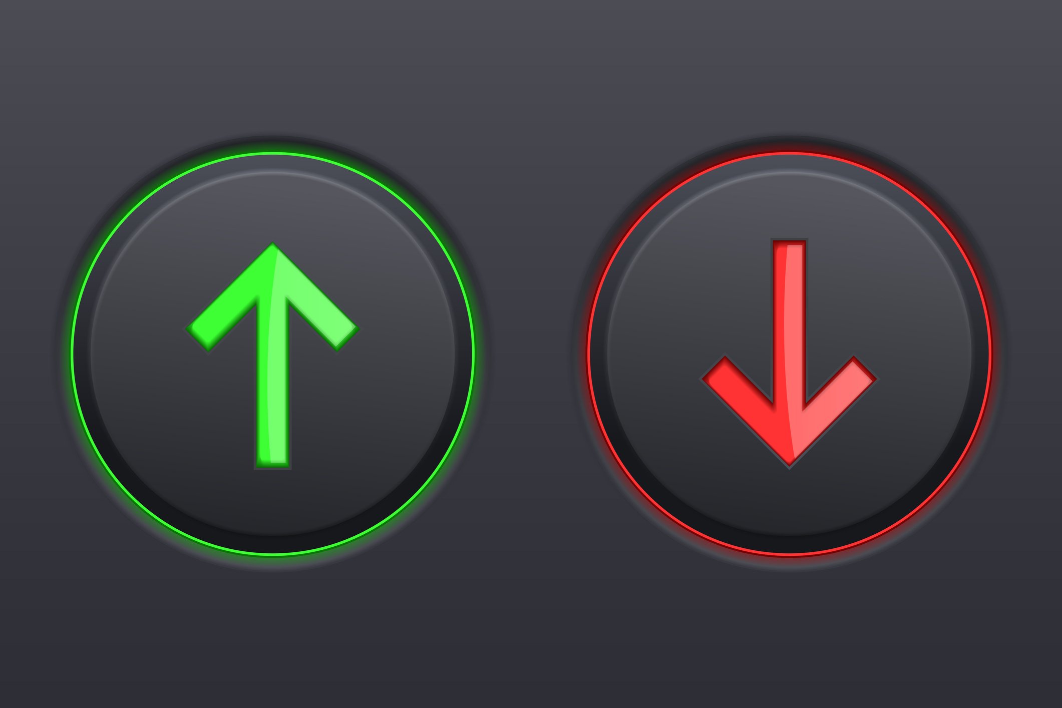 Green up button and red down button on a dark background