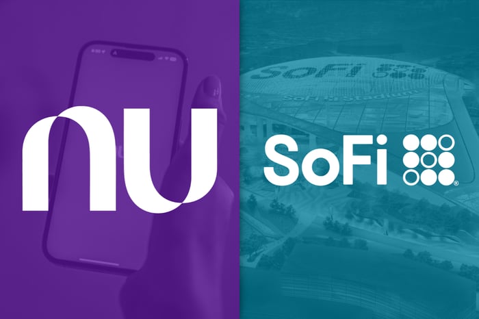 Nu and SoFi logos overlayed on company images.