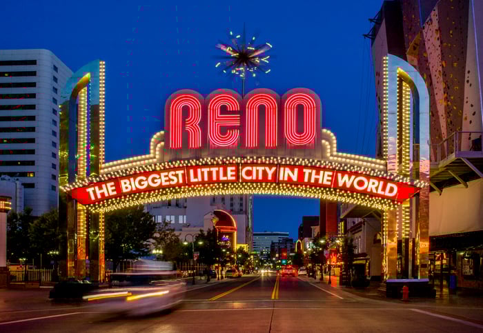 A sign welcoming visitors to Reno, Nevada.