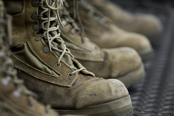 A line of army boots.