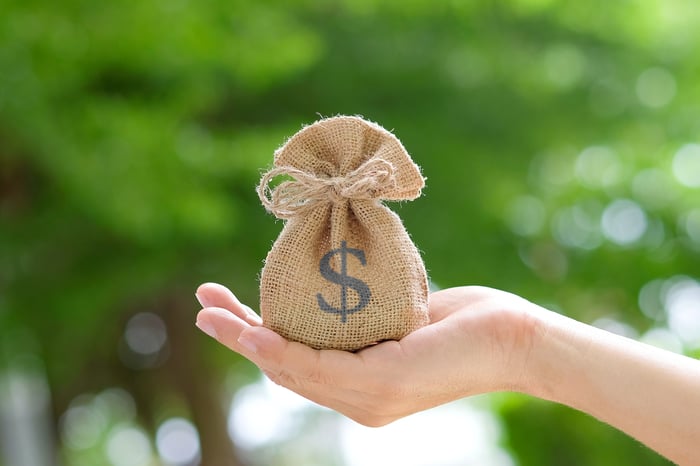 A hand holding a small bag with a dollar sign on it. 