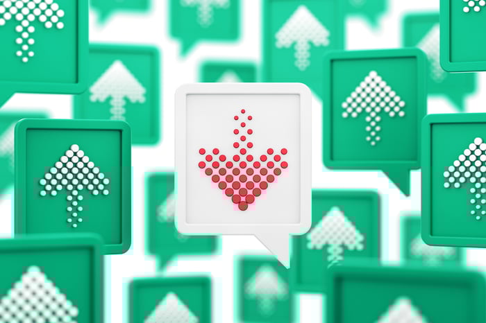 White arrows with green borders going up with a red arrow with a white border going down.