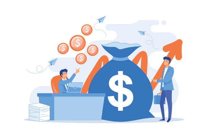 Cartoon of businesspeople with dollar signs, an up arrow, and a large sack of money.